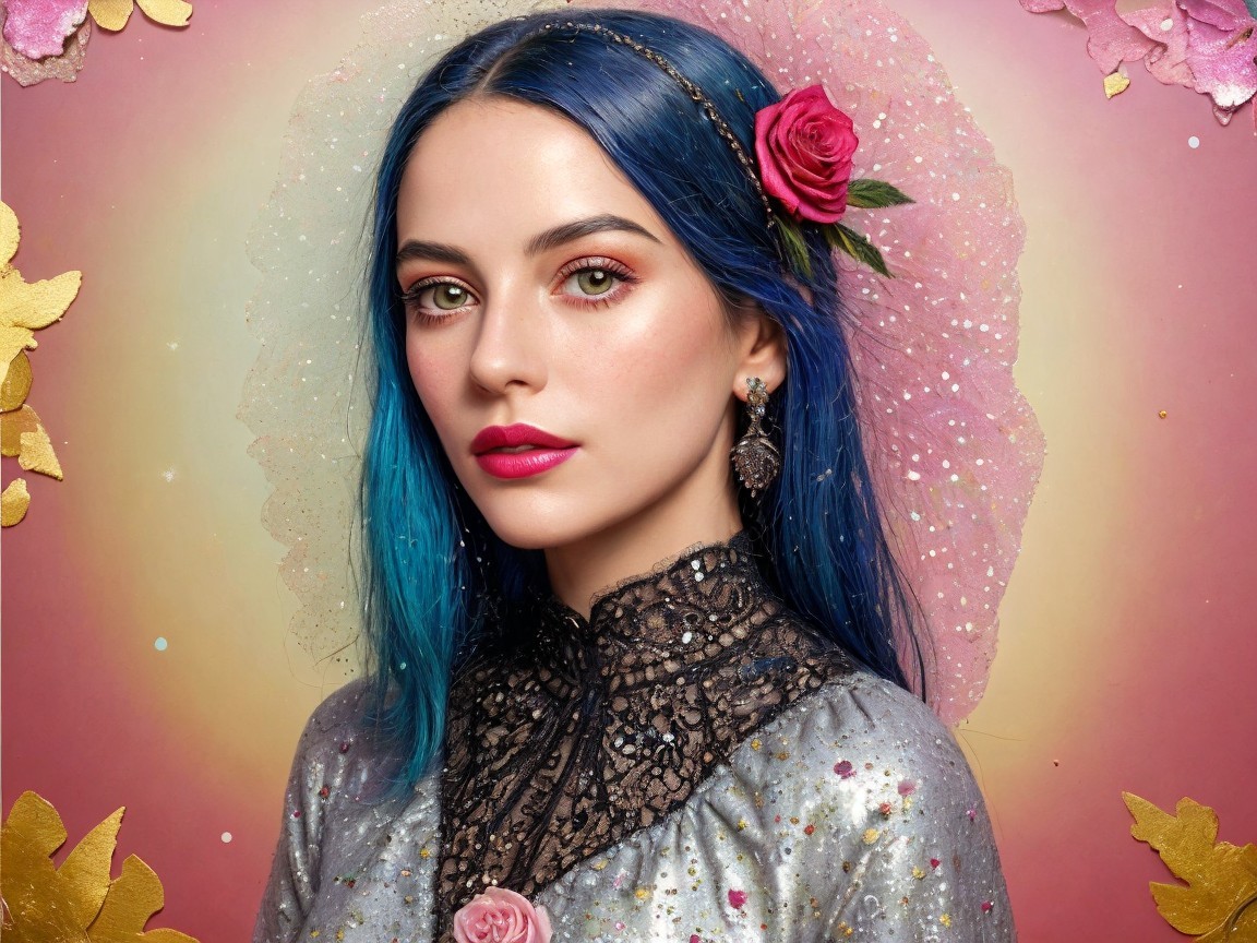 Portrait of a woman with blue hair and silver dress