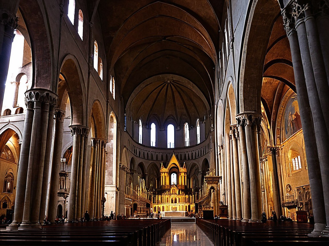 Interior of a Grand Cathedral with Soaring Arches