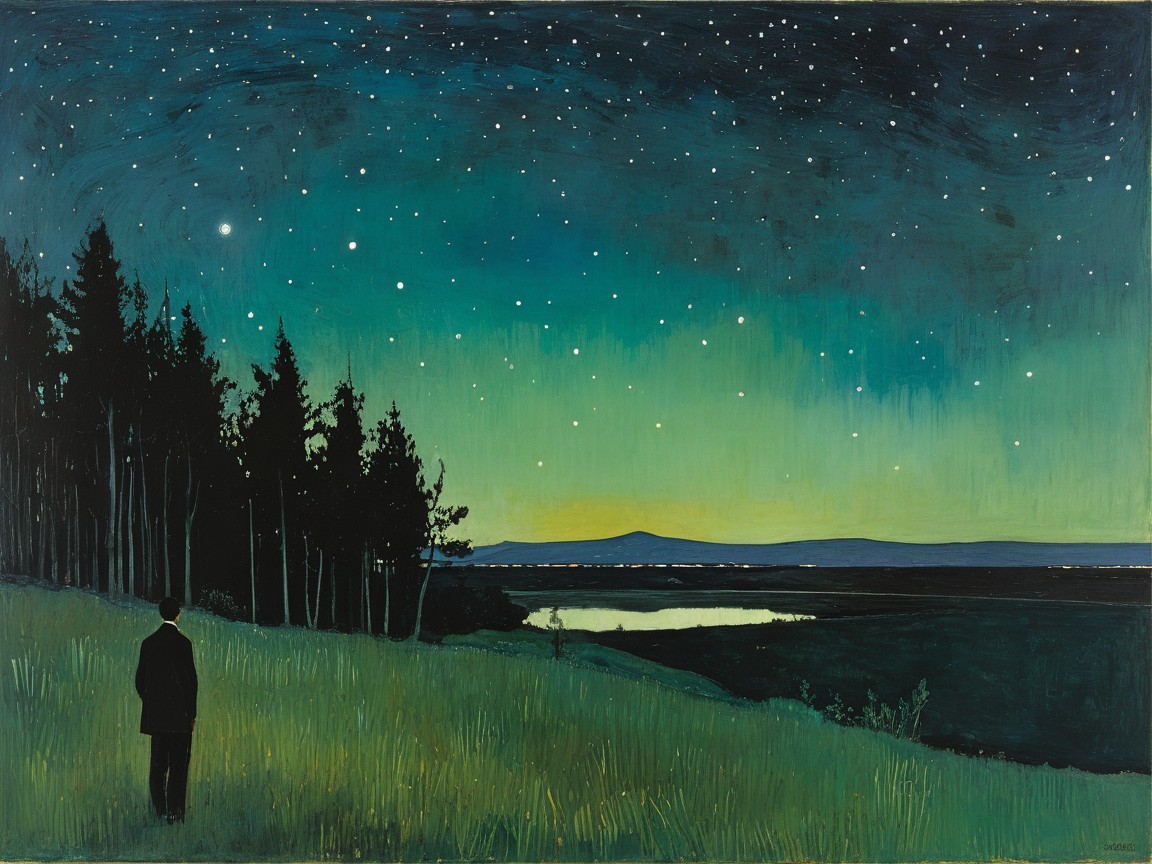 Serene Night Landscape with Starry Sky and Reflection