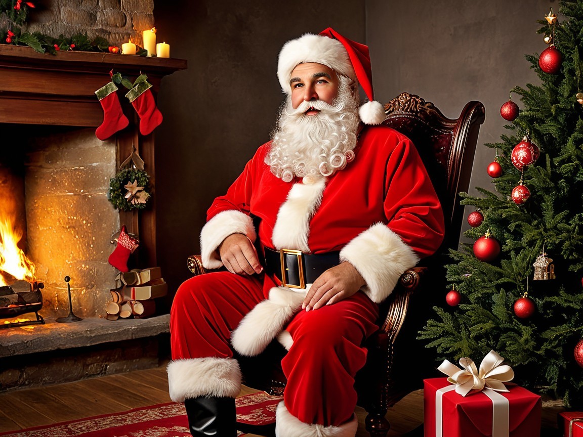 Santa Claus by a fireplace with a Christmas tree and gifts