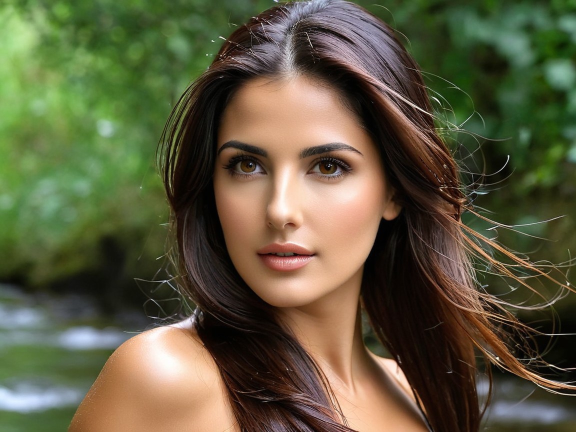Young woman with dark hair in serene natural setting