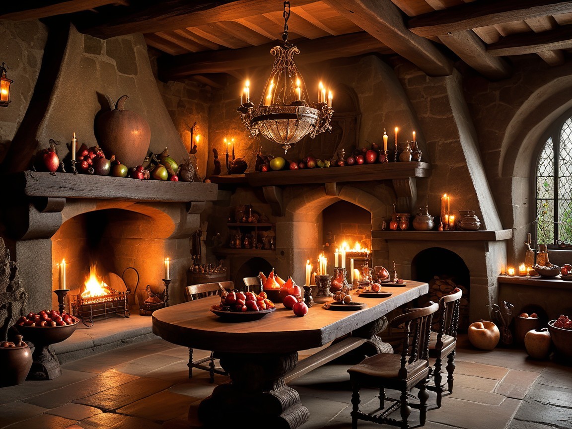 Cozy Medieval Kitchen with Wooden Table and Fireplace