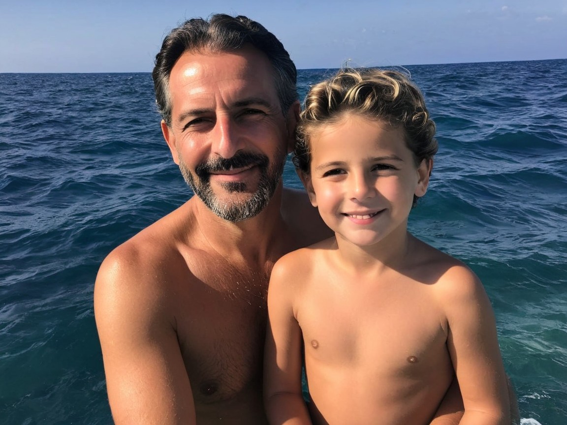 Smiling man and boy enjoying a sunny day by the ocean