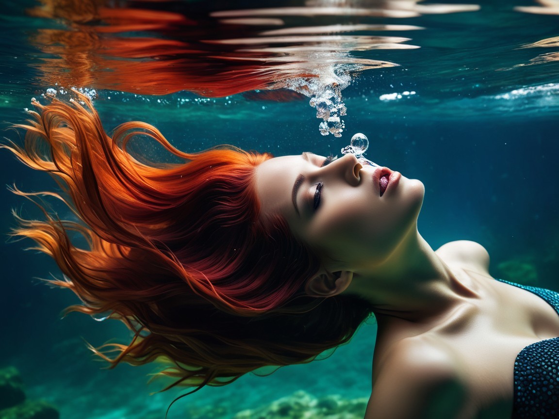 Woman with Red Hair Floating Gracefully Underwater