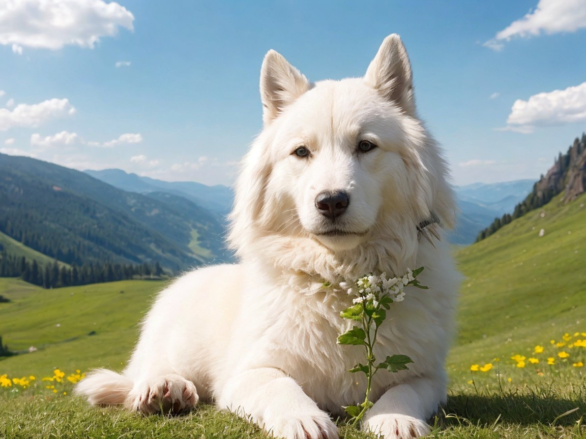 Samoyed Dog in Meadow with Mountains and Flowers