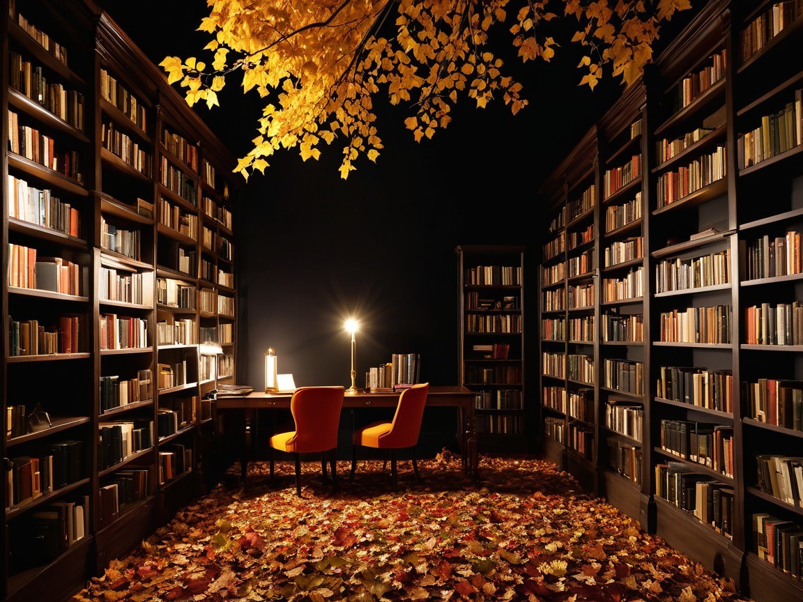 Cozy library with autumn leaves and warm lighting