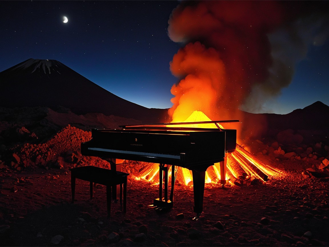 Night Scene of Grand Piano by Erupting Volcano