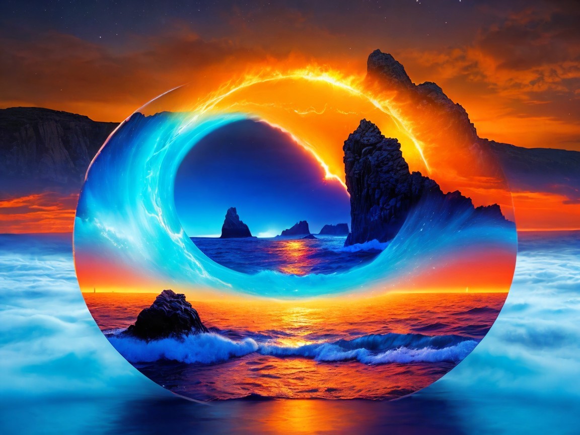 Surreal Landscape with Vivid Circular Horizon and Sunset