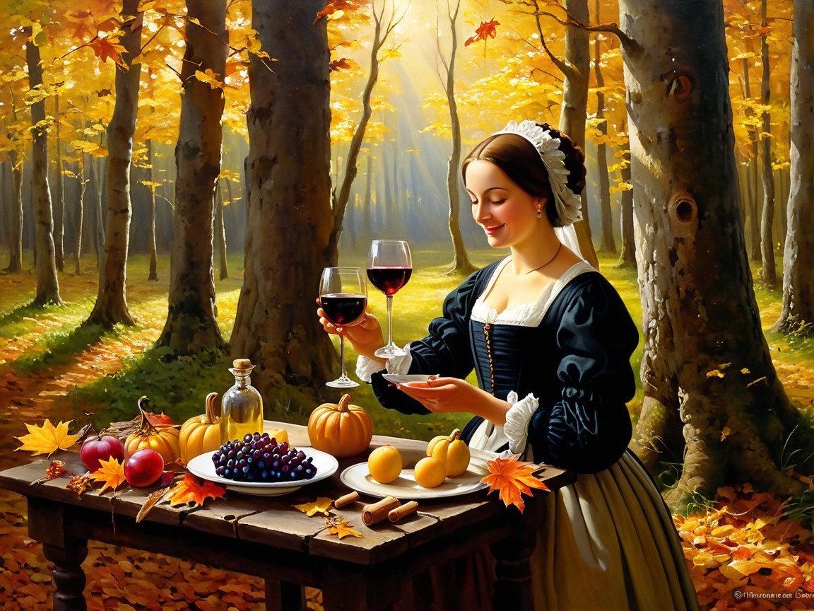 Autumn Forest Scene with Woman and Fruits on Table