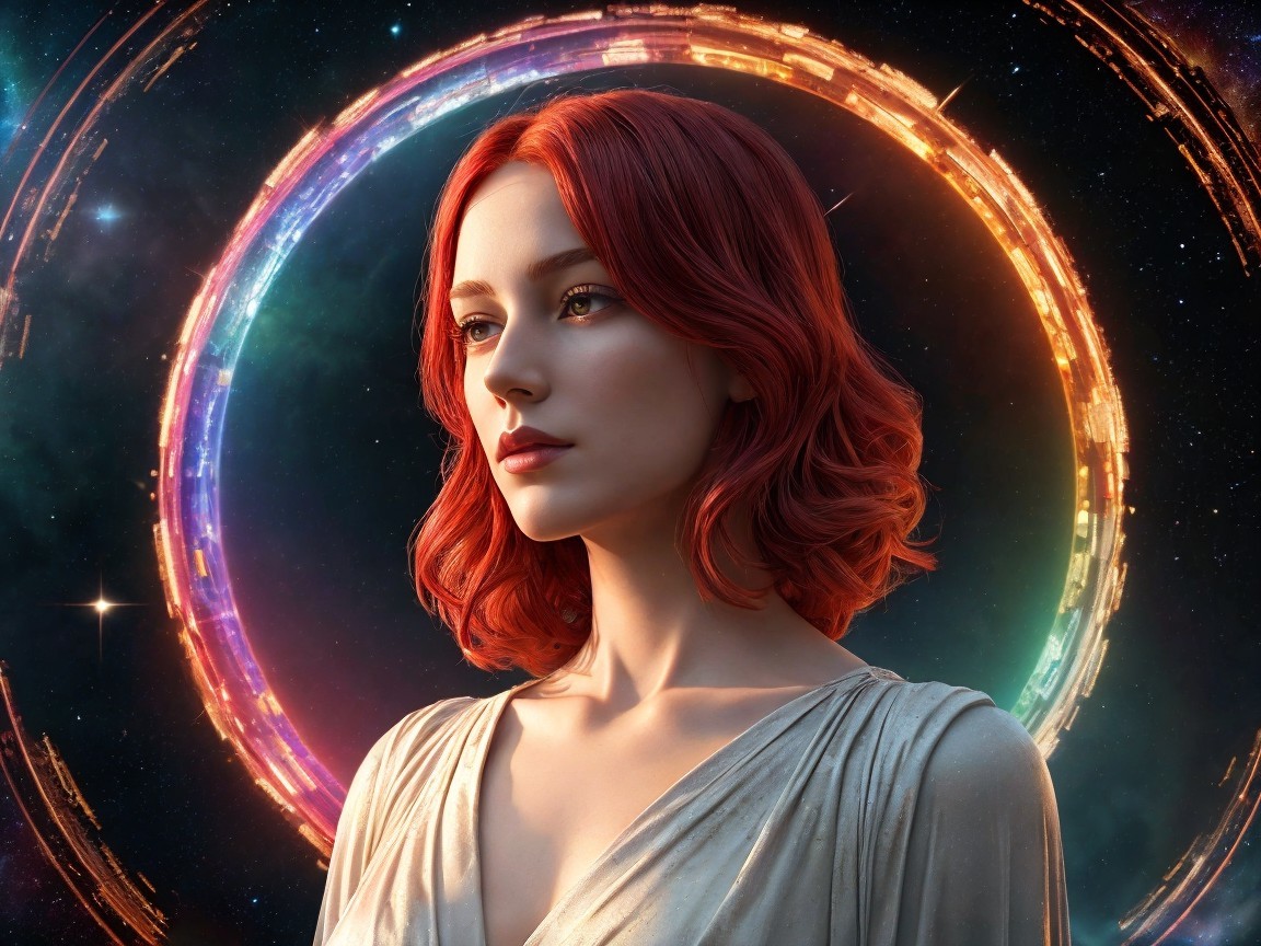 Woman with Red Hair Against Cosmic Background