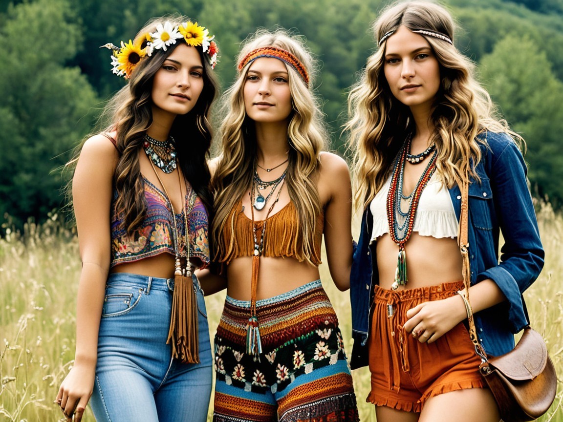 Young Women in Bohemian Style in Grassy Field