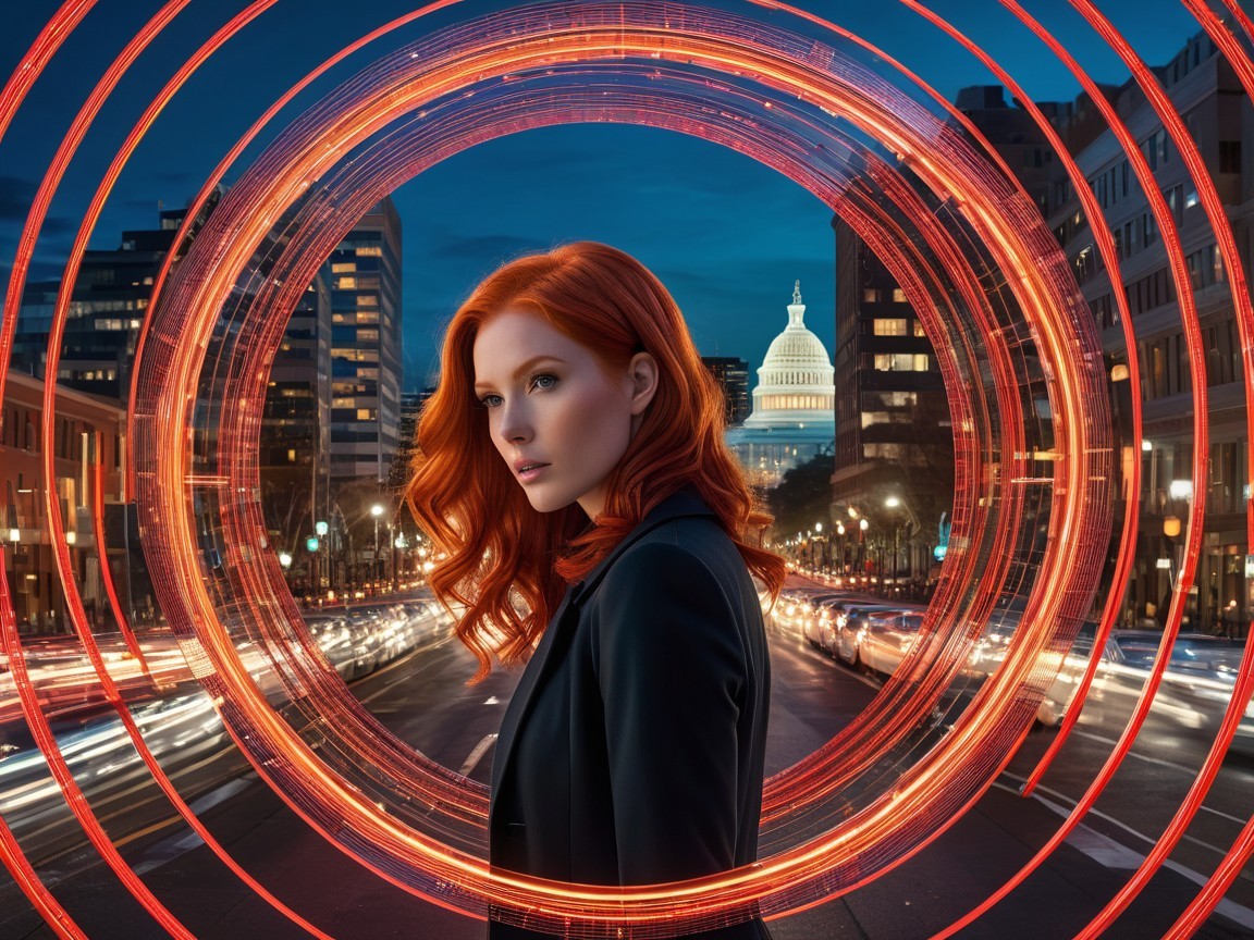 Woman with Red Hair in Urban Twilight Scene