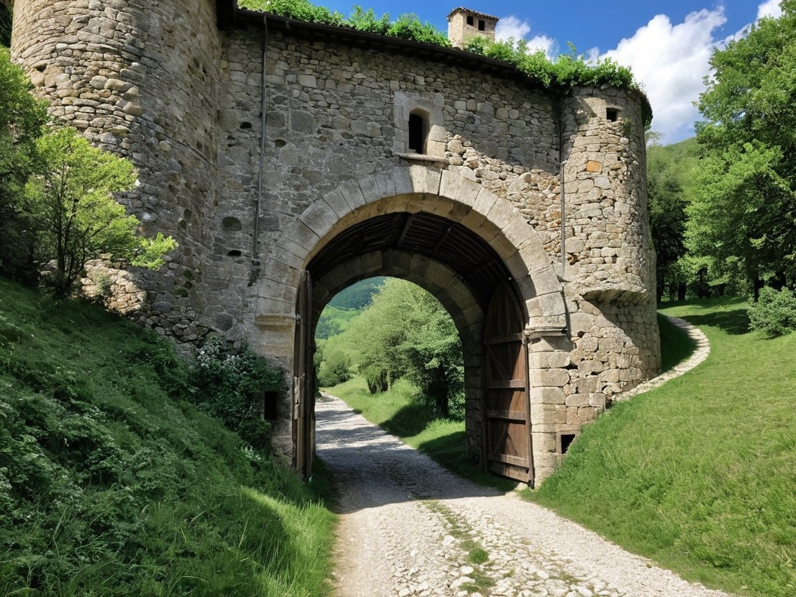 Historic stone archway in a lush green landscape