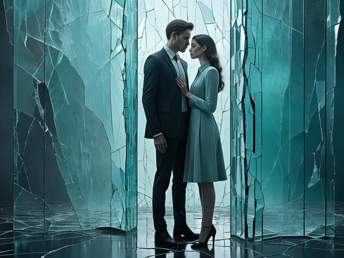 Couple in Surreal Setting Surrounded by Fragmented Glass