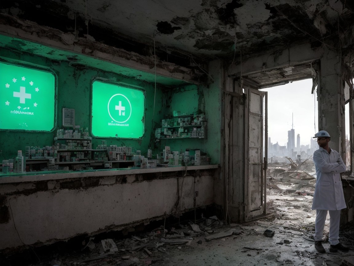 Post-Apocalyptic Pharmacy with Crumbling Walls