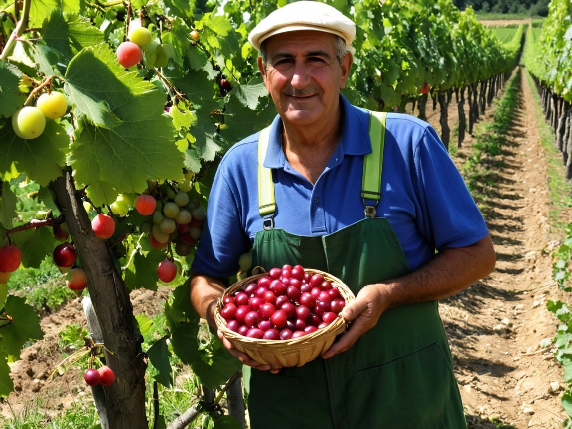 Man in Vineyard with Basket of Ripe Red Grapes