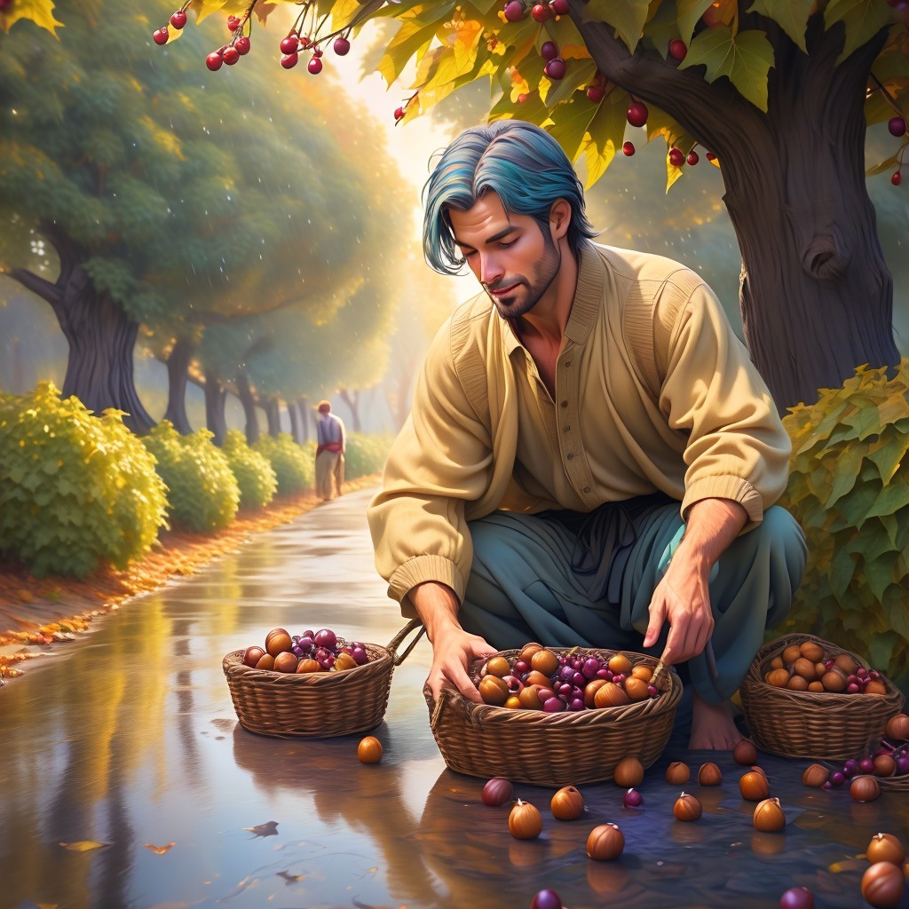 Young Man Collecting Fruits in Sunlit Orchard