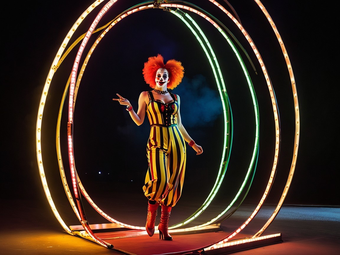 Vibrant Clown in Colorful Hoops and Lights