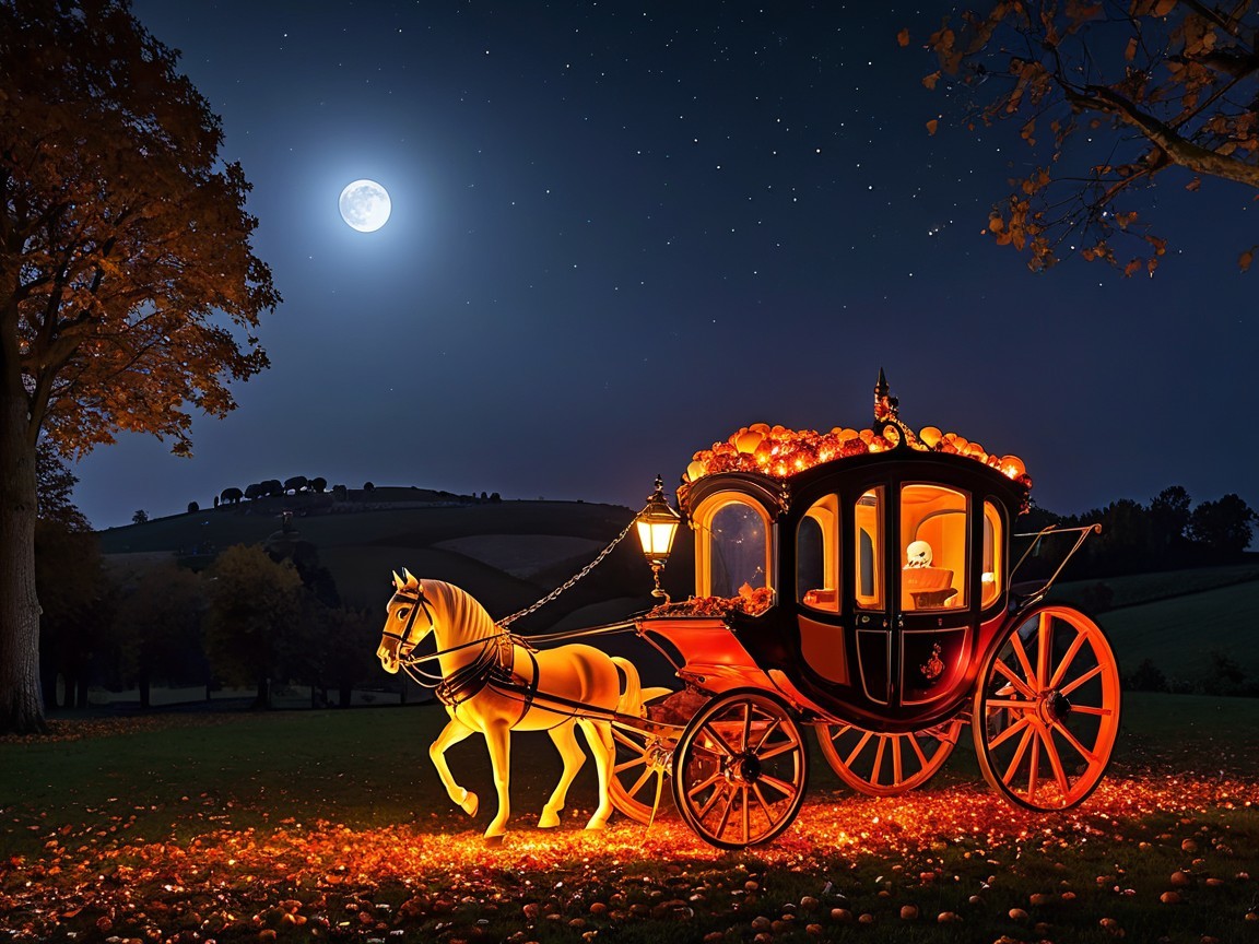 Whimsical Horse-Drawn Carriage Under Full Moon