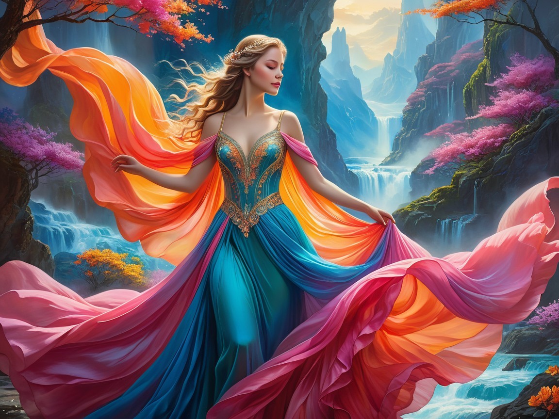 Majestic Figure in Vibrant Landscape with Waterfalls