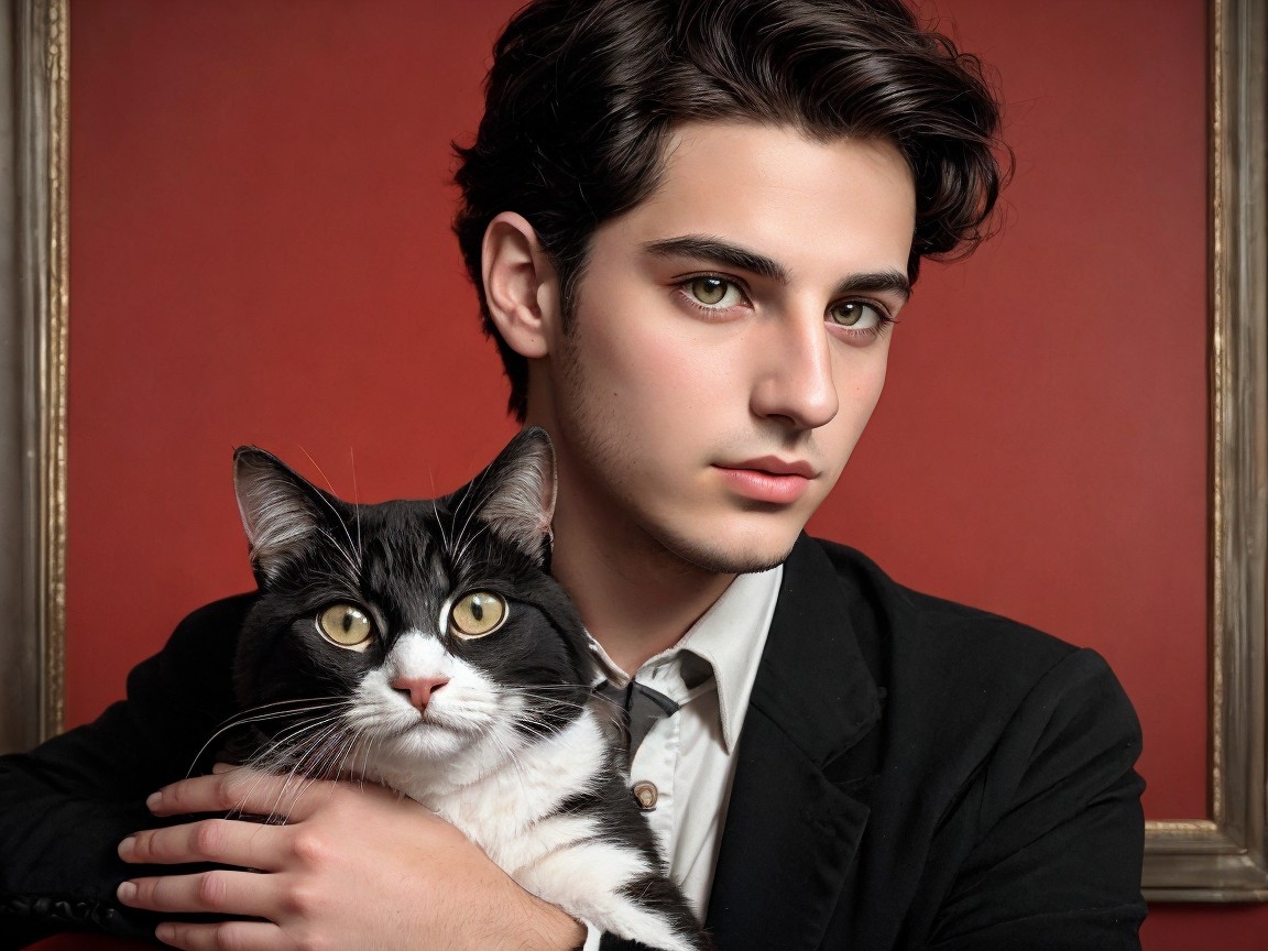 Portrait of a man and a black-and-white cat