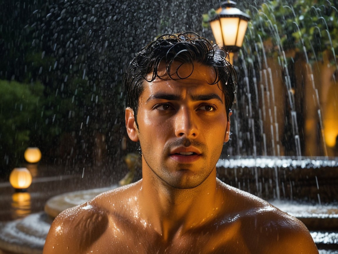 Young man under waterfall with warm lantern light