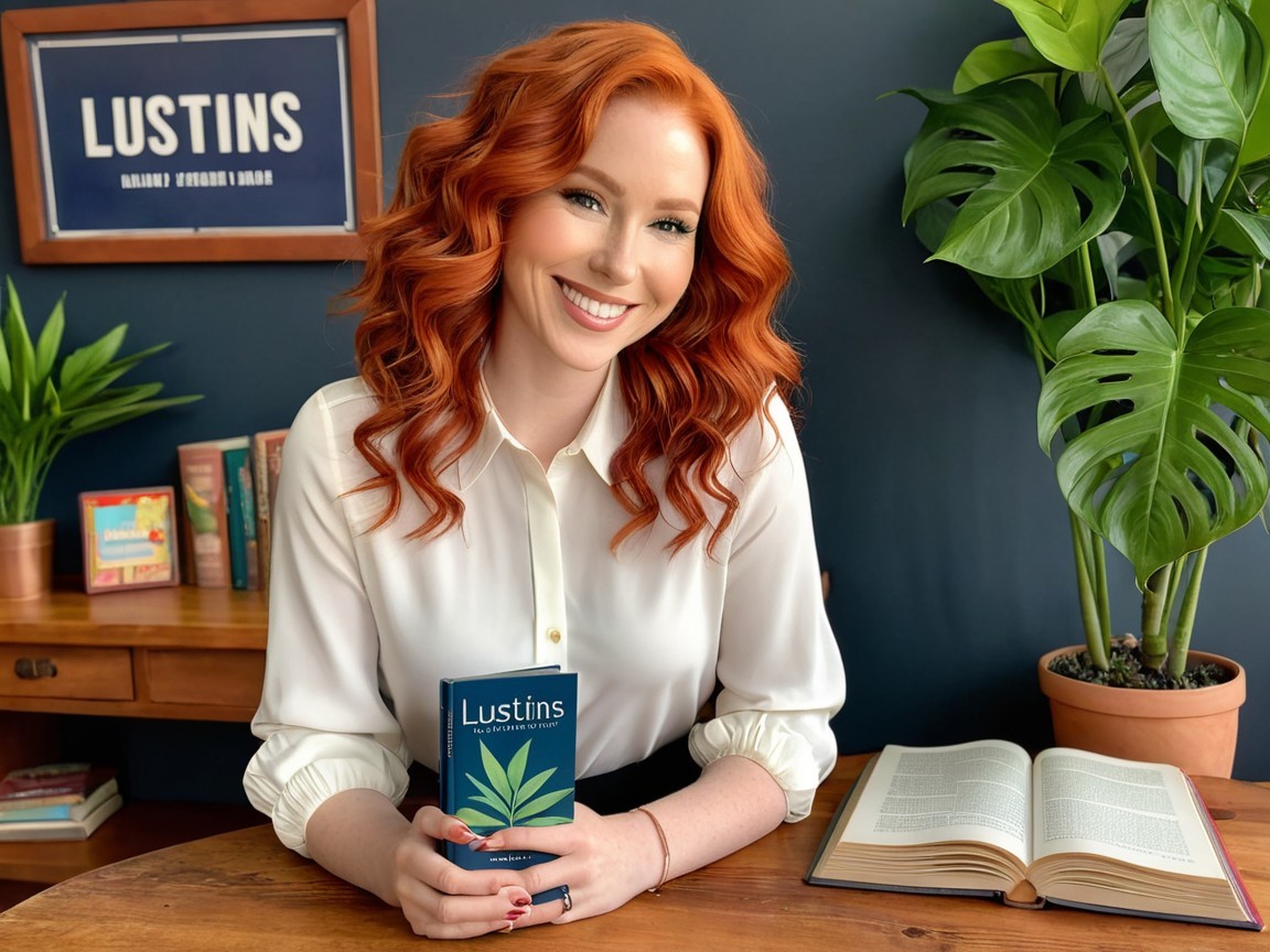 Smiling Woman with Red Hair at Table with Books
