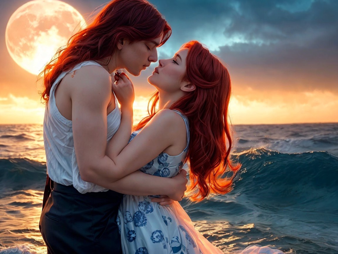 Couple Embracing on Beach at Sunset with Moonlight