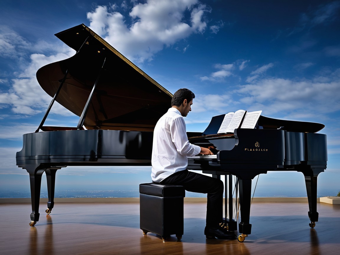 Pianist at Grand Piano Under Blue Sky and Clouds