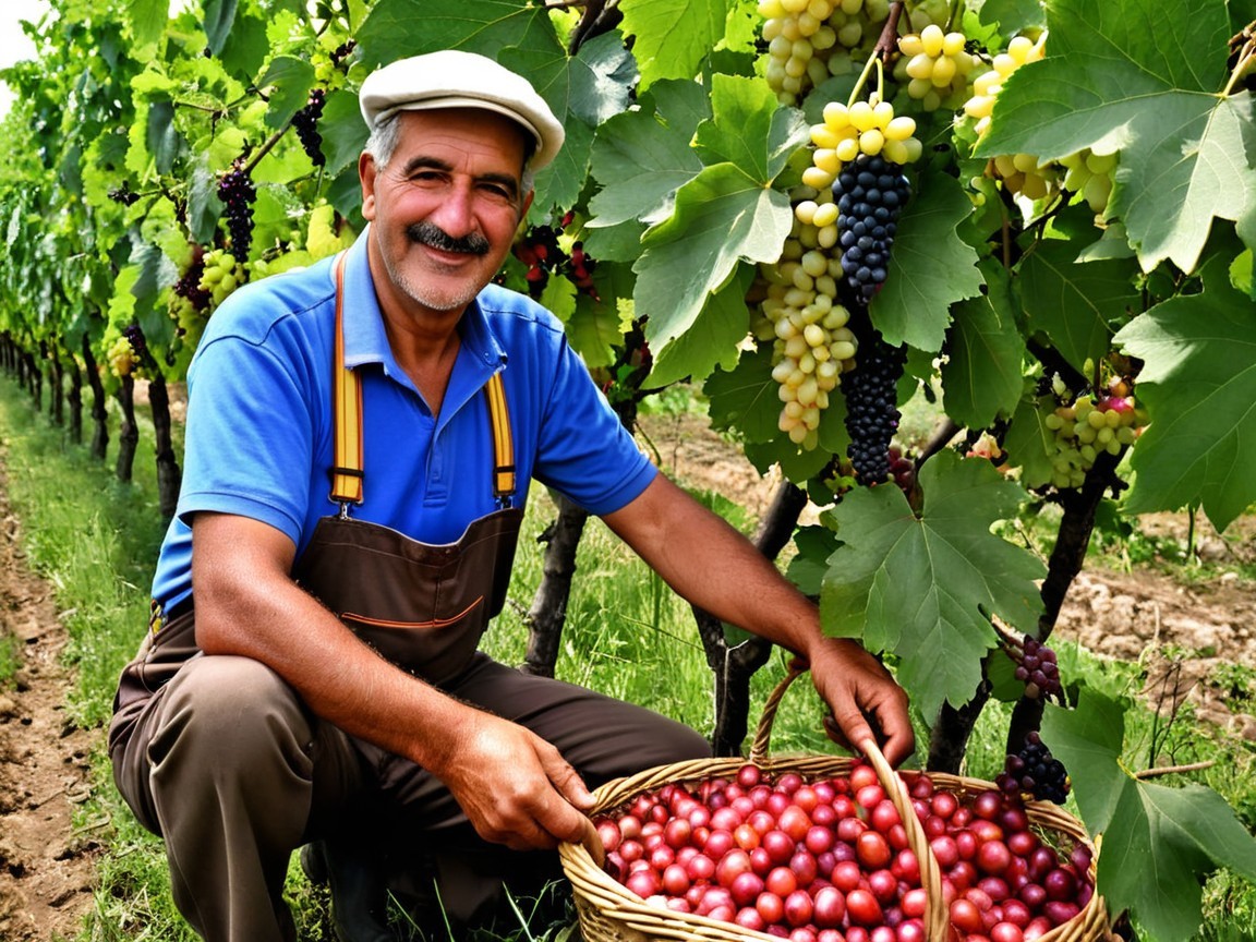 Farmer with Freshly Harvested Red Grapes in Vineyard