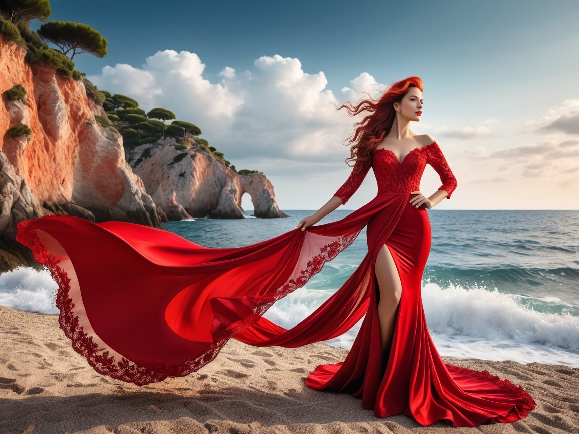 Elegant model in red gown on sandy beach setting