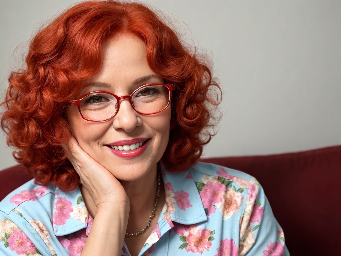 Middle-aged woman with red curly hair and glasses