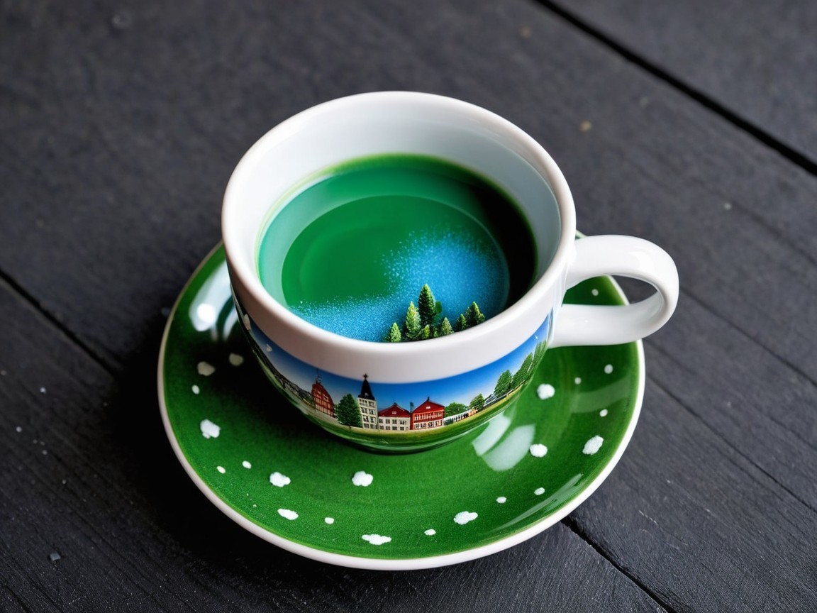 Ceramic Cup and Saucer with Scenic Illustrations