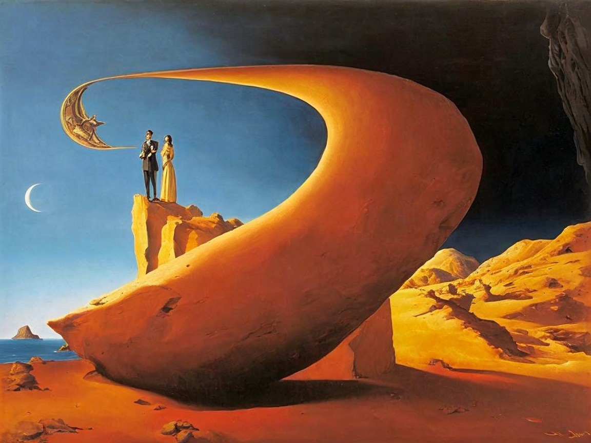 Surreal Landscape with Figures and Crescent Moon