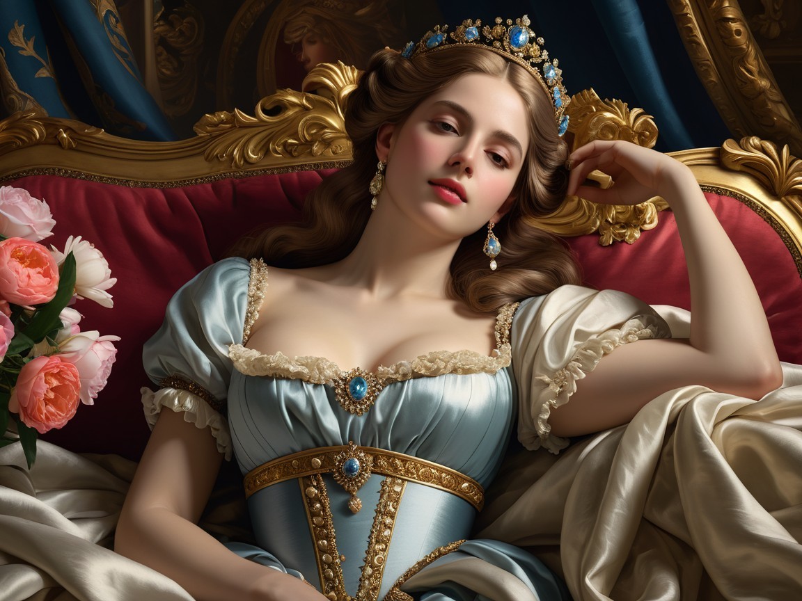 Regal Woman in Light Blue Gown on Velvet Couch