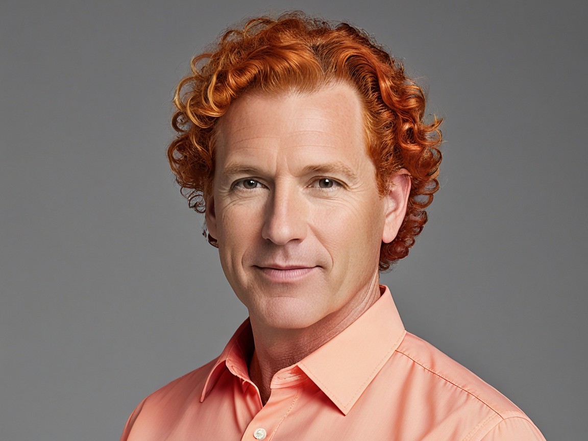 Confident Man with Orange Curly Hair in Peach Shirt