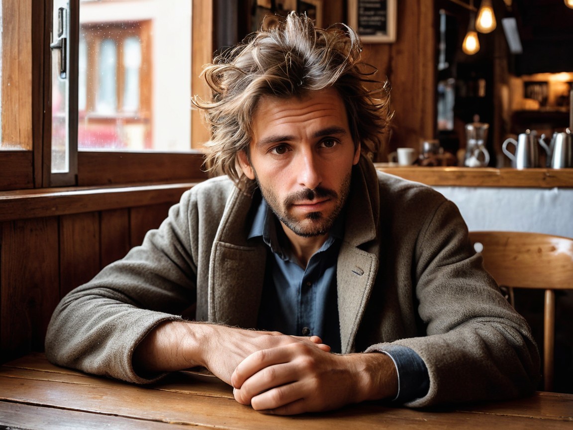 Young man in cozy café with serious expression