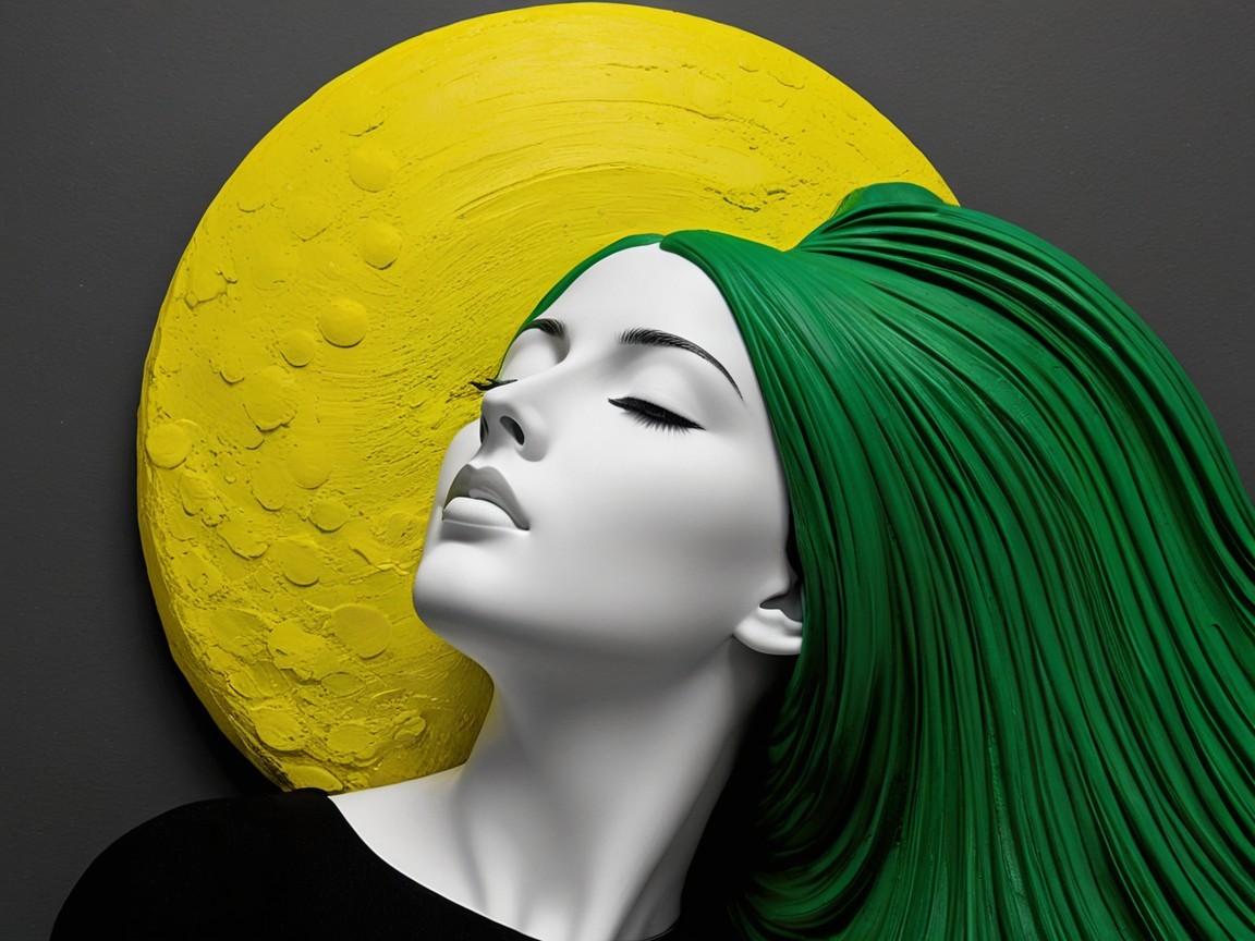 Stylized Mannequin with Green Hair Against Yellow Circle