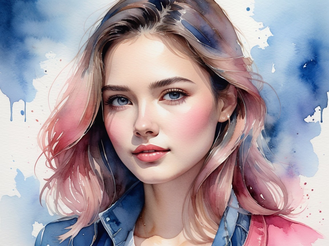 Young woman with blue eyes and pastel background