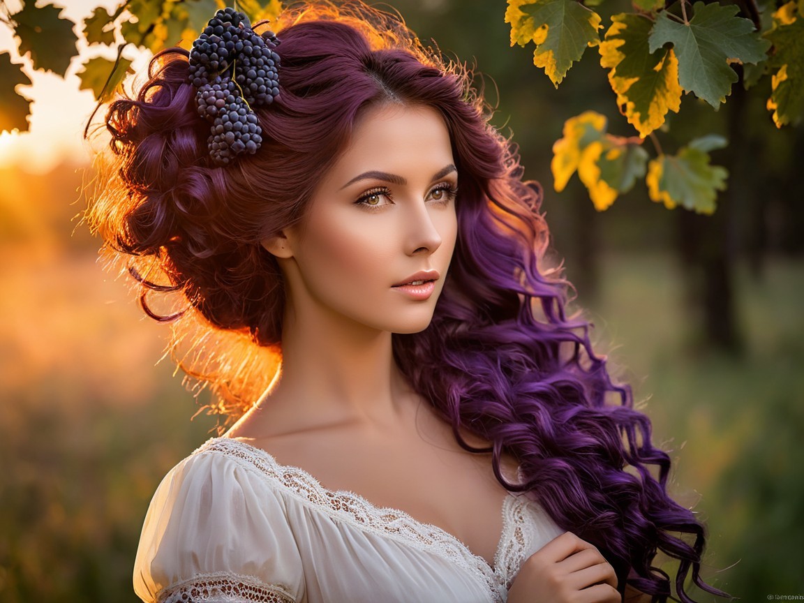 Woman with Purple Curls in Lace Dress Surrounded by Nature