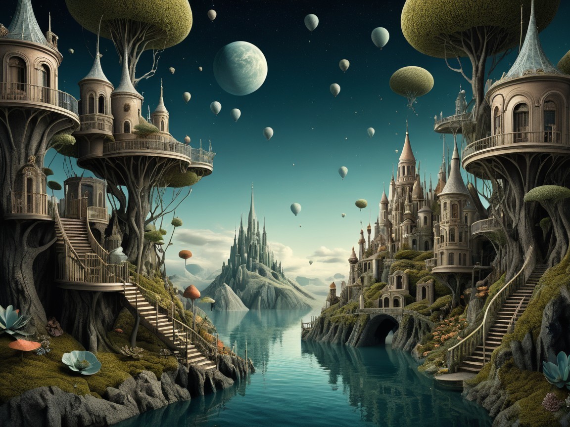 Whimsical landscape with fairy-tale architecture and castles