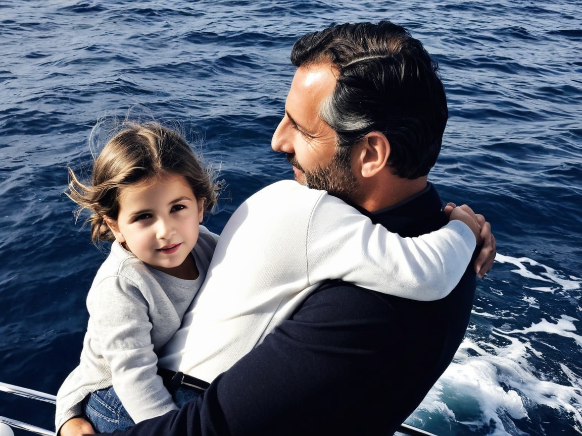 Man and child on a boat with blue ocean backdrop