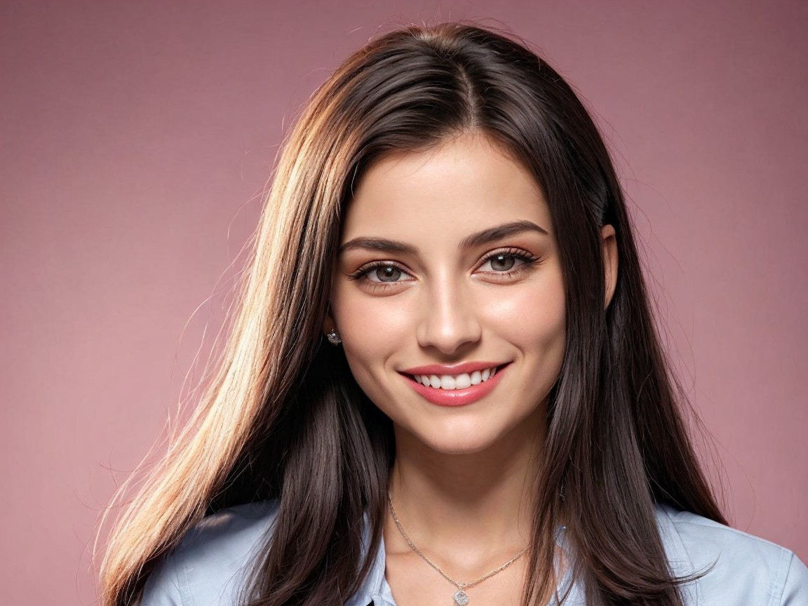 Young woman with dark hair in cheerful pink backdrop