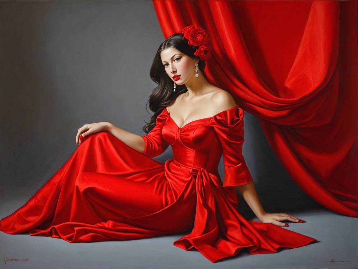 Elegant Woman in Red Dress with Roses and Pearls