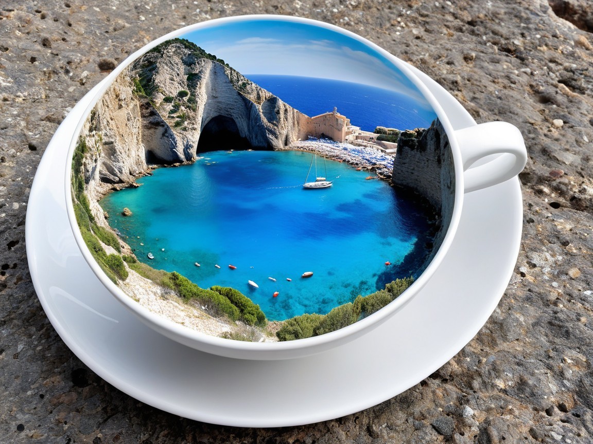 White Coffee Cup with Seaside Scene on Stone Surface