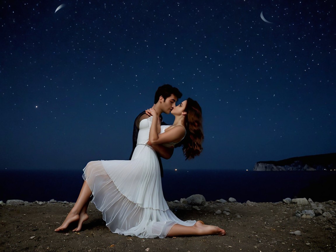 Couple Embracing Under Starry Night by the Ocean