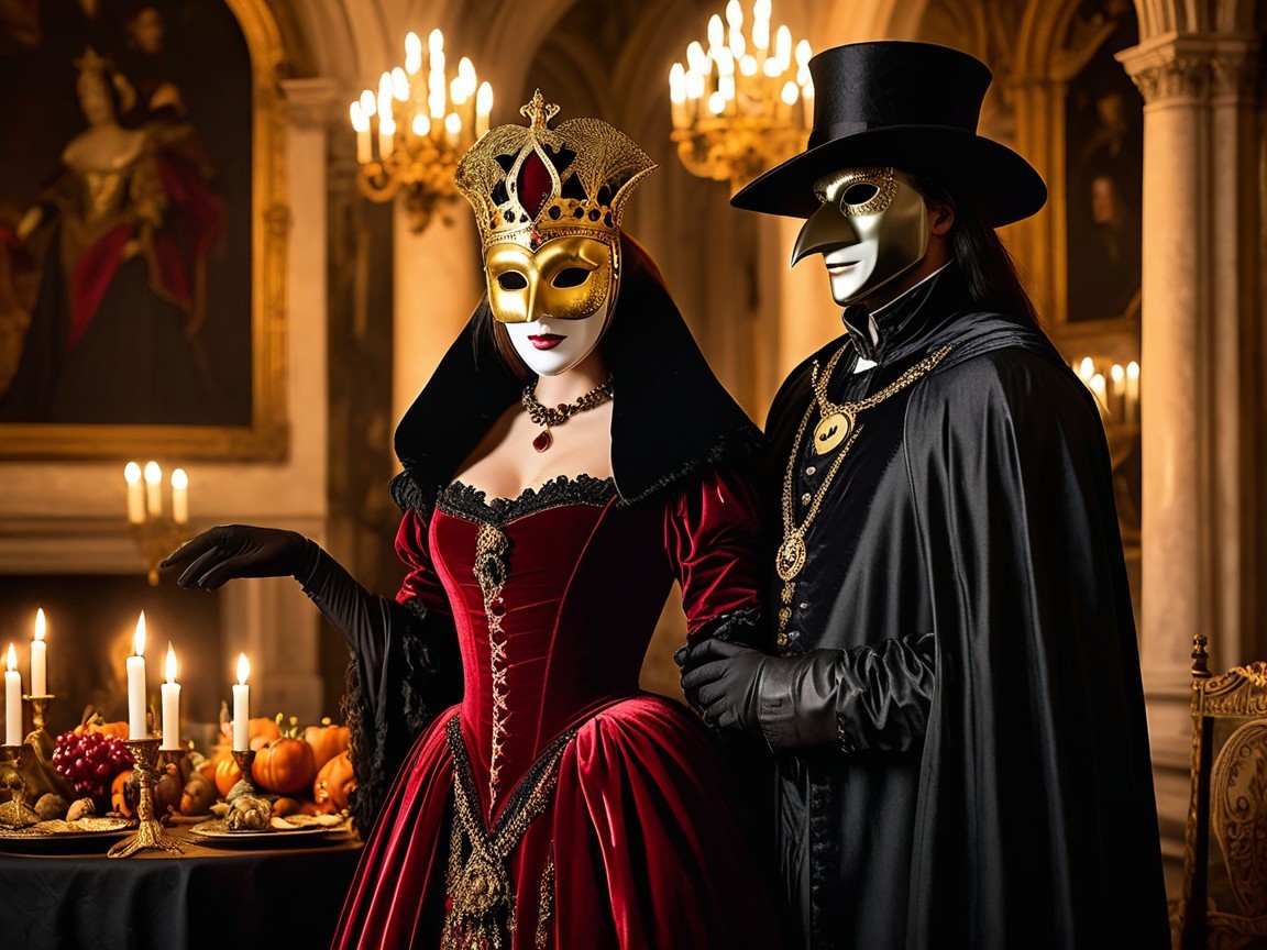 Elegant Couple in Candlelit Hall with Opulent Decor