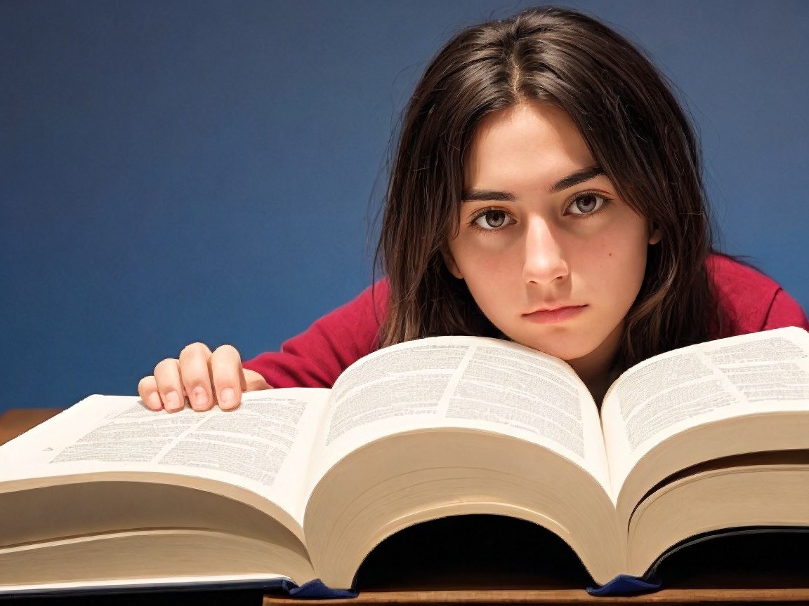 Girl with dark hair resting on an open book