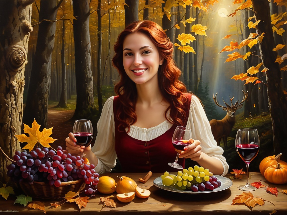 Autumn Forest Scene with Woman, Wine, and Deer