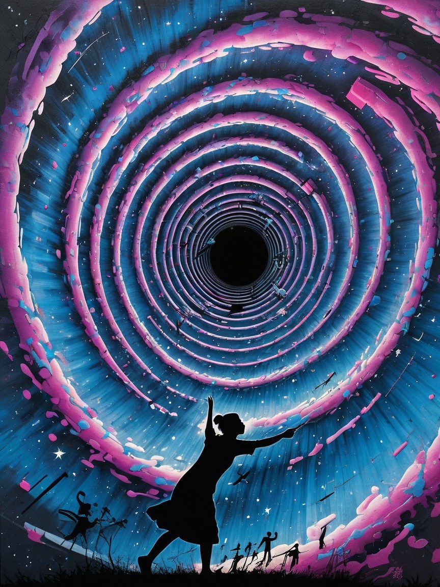 Vibrant Vortex with Silhouetted Figure in Dress